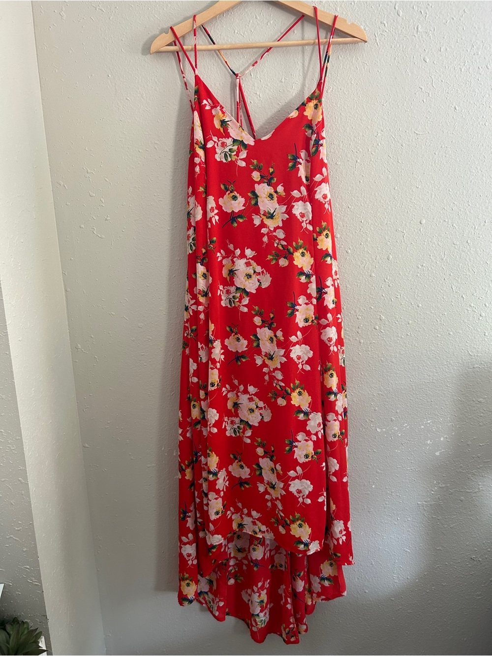 Lush Red Floral High-Low Slip Dress with Spaghetti Straps Tropical Vacation